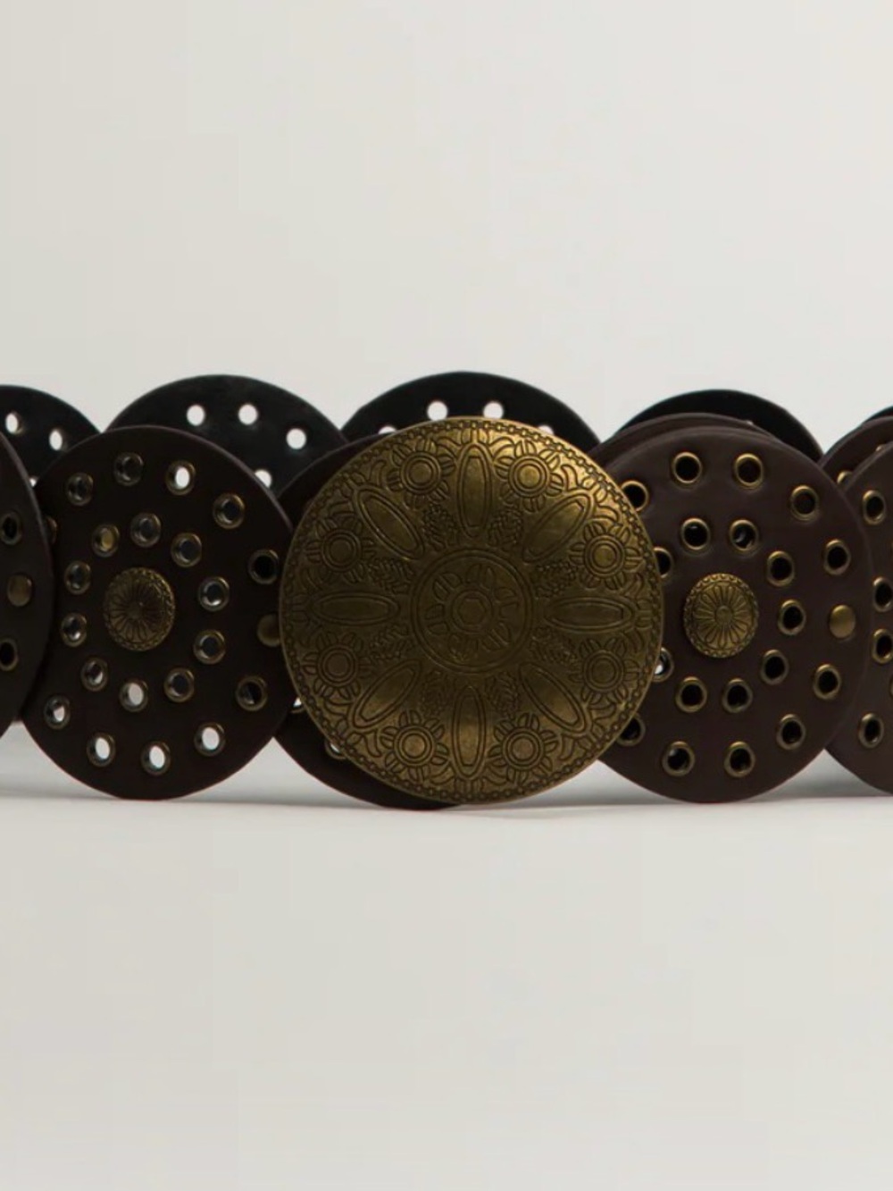 Women's Decorative Disk Belt in Brown and Antique Gold